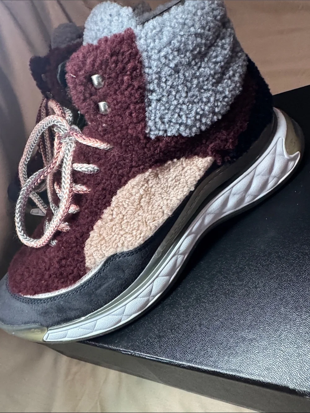 CHANEL womens Burgundy & Gray Shearling High-Top Sneakers